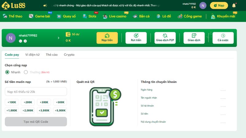 Hướng dẫn nạp tiền Lulu88 qua Code Pay