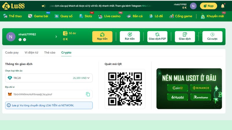 Hướng dẫn nạp tiền Lulu88 qua Crypto