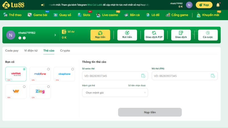 Hướng dẫn nạp tiền Lulu88 qua thẻ cào