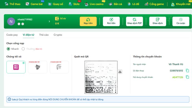 Hướng dẫn nạp tiền Lulu88 qua ví điện tử