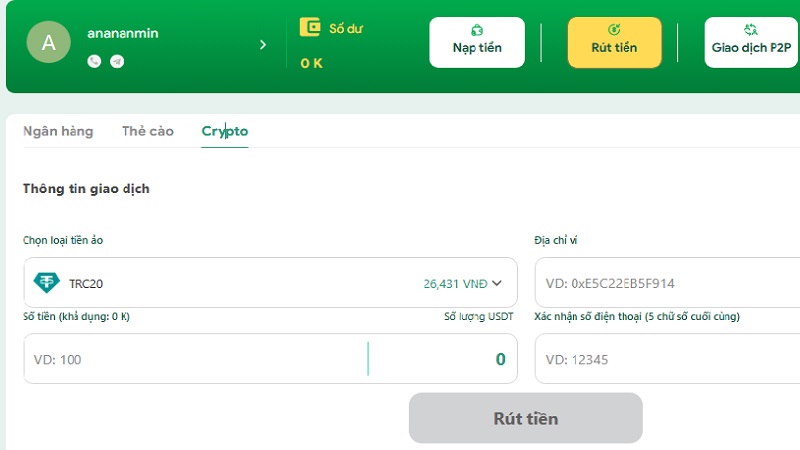 Hướng dẫn rút tiền Lulu88 qua tiền ảo
